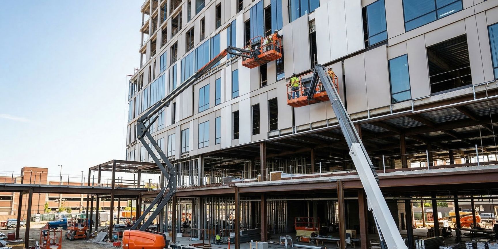 Two large telescopic work platforms in outdoor use on a construction site for a modern steel building, positioning of workers on the façade. SEO, AI, barrier-free optimized.